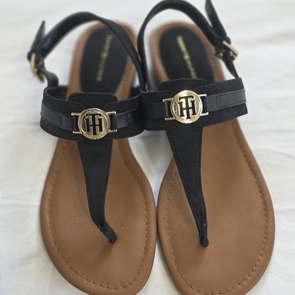 Tommy Hilfiger Black and Tan Logo T-Strap Sandals